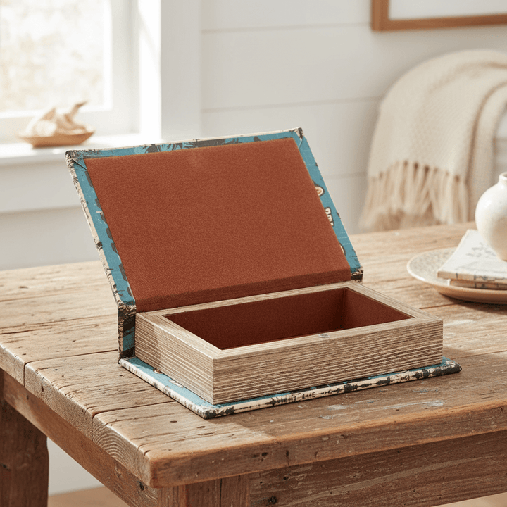 Wooden box with a brown interior on a wooden table