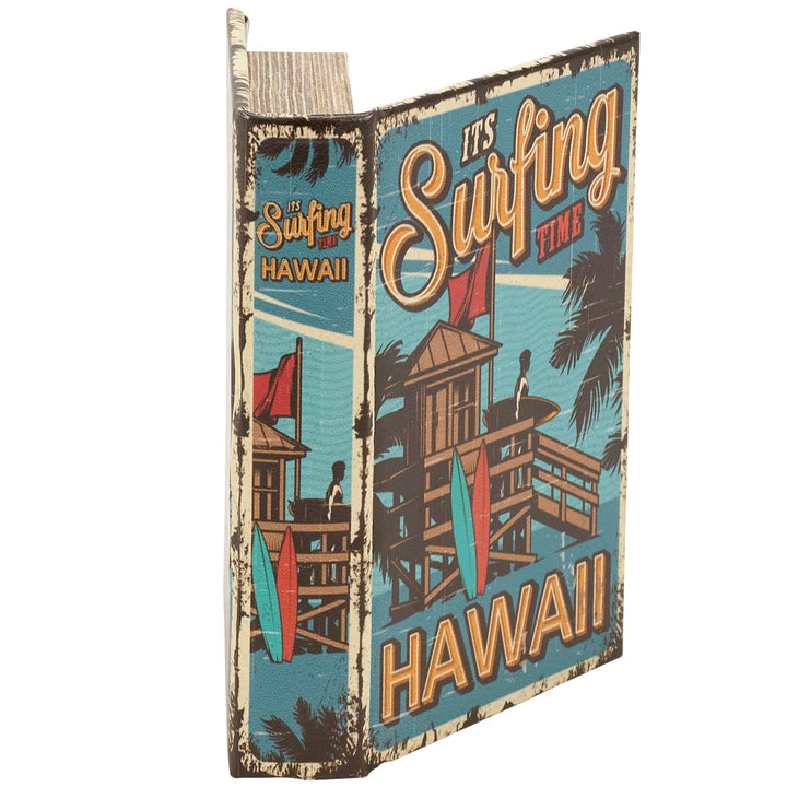 Vintage-style book with 'It's Surfing Time Hawaii' text and beach scene.
