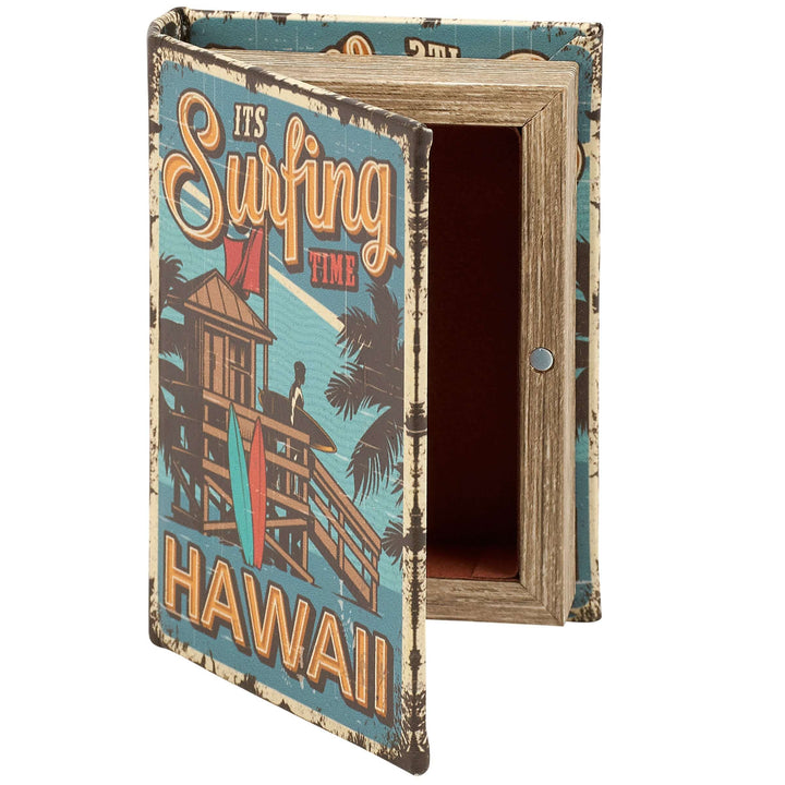 Decorative box with 'It's Surfing Time Hawaii' text and beach scene design.