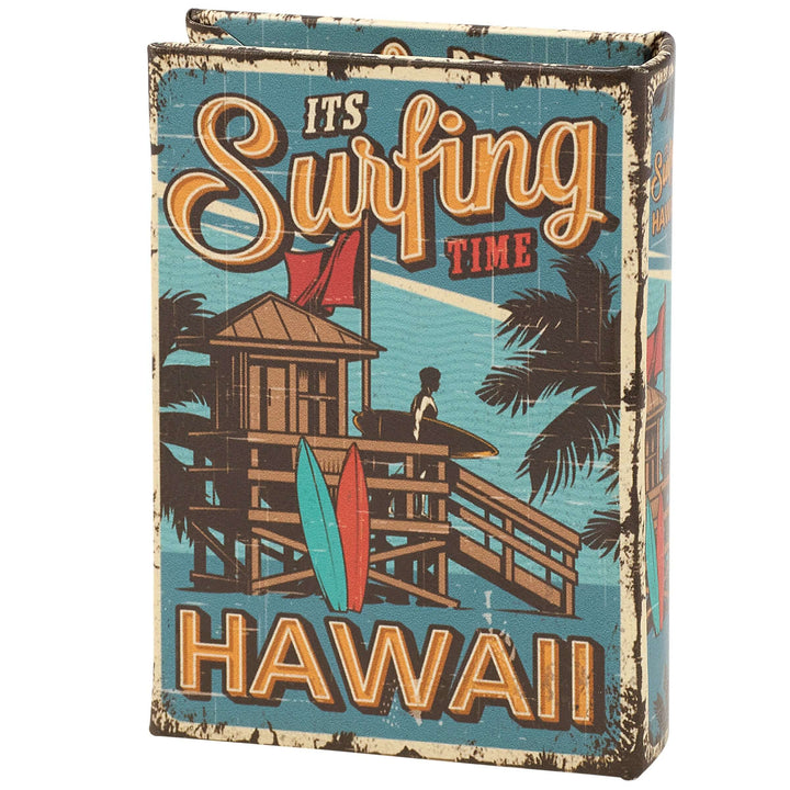 Decorative book with 'It's Surfing Time Hawaii' text and beach house illustration.