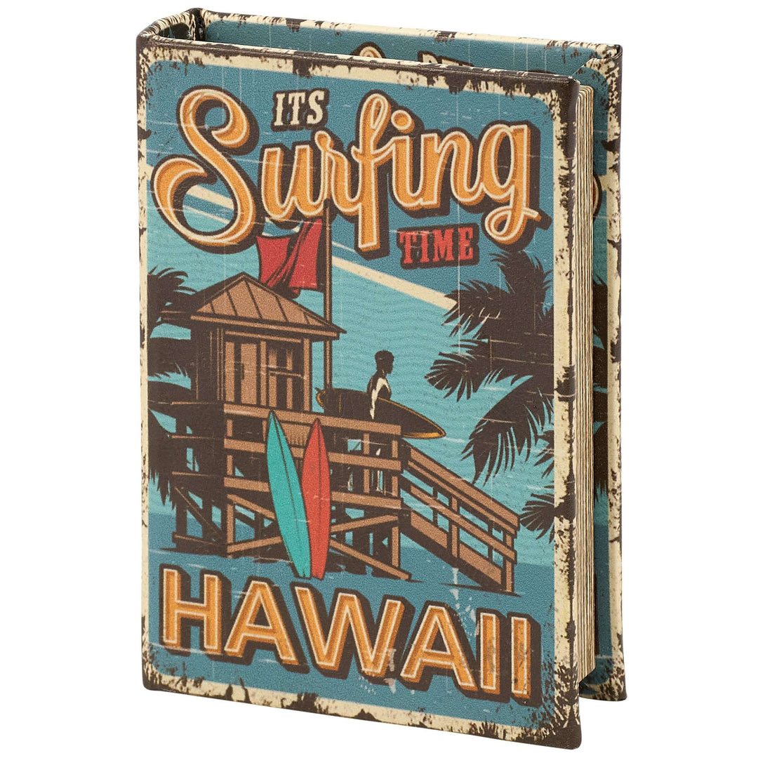 Decorative box with 'It's Surfing Time Hawaii' text and beach scene design.