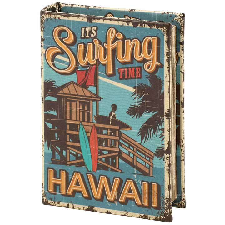 Decorative box with 'It's Surfing Time Hawaii' text and beach scene design.