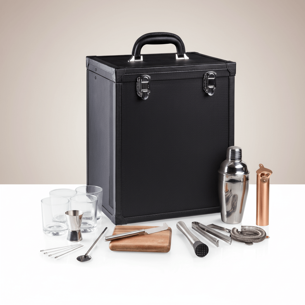 Black portable bar set with bartender tools on a white surface