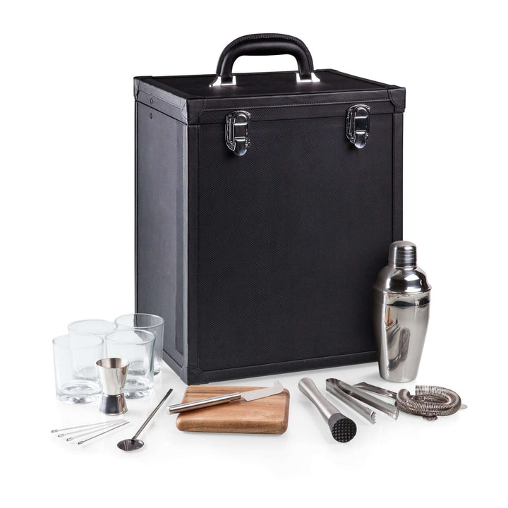 Black travel bar set with bartender tools on a white background