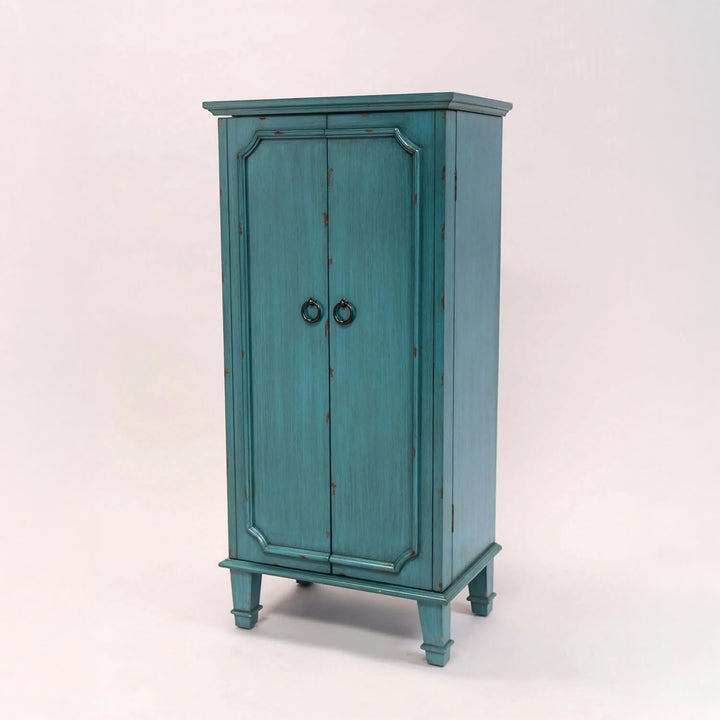 Vintage Turquoise Jewelry Armoire with hand-painted finish and antique-inspired hardware.
