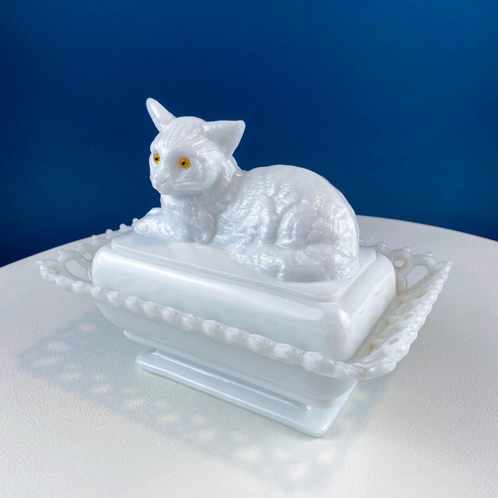 Vintage Westmoreland Milk Glass Cat Covered Dish. Trinket Condiment Serving Dish. Bath Display. Reticulated Lacey Edge. Gift for Cat Lover.