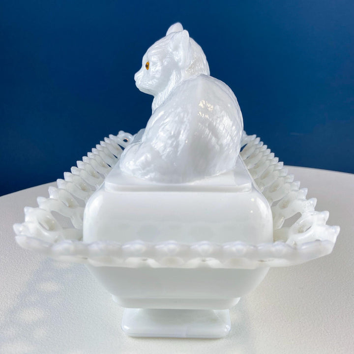Vintage Westmoreland Milk Glass Cat Covered Dish. Trinket Condiment Serving Dish. Bath Display. Reticulated Lacey Edge. Gift for Cat Lover.