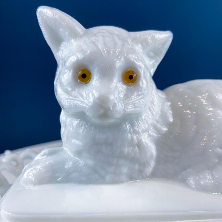 Vintage Westmoreland Milk Glass Cat Covered Dish. Trinket Condiment Serving Dish. Bath Display. Reticulated Lacey Edge. Gift for Cat Lover.
