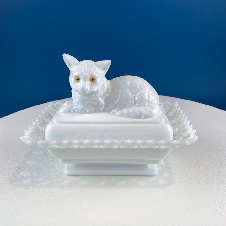 Vintage Westmoreland Milk Glass Cat Covered Dish. Trinket Condiment Serving Dish. Bath Display. Reticulated Lacey Edge. Gift for Cat Lover.