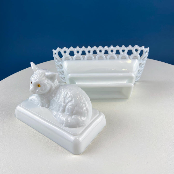 Vintage Westmoreland Milk Glass Cat Covered Dish. Trinket Condiment Serving Dish. Bath Display. Reticulated Lacey Edge. Gift for Cat Lover.