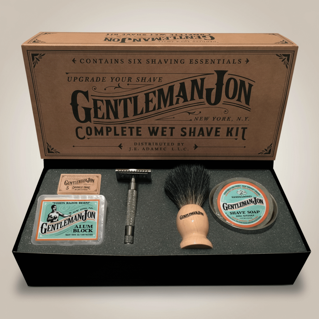 Gentleman Jon complete wet shave kit with box on a light gray background