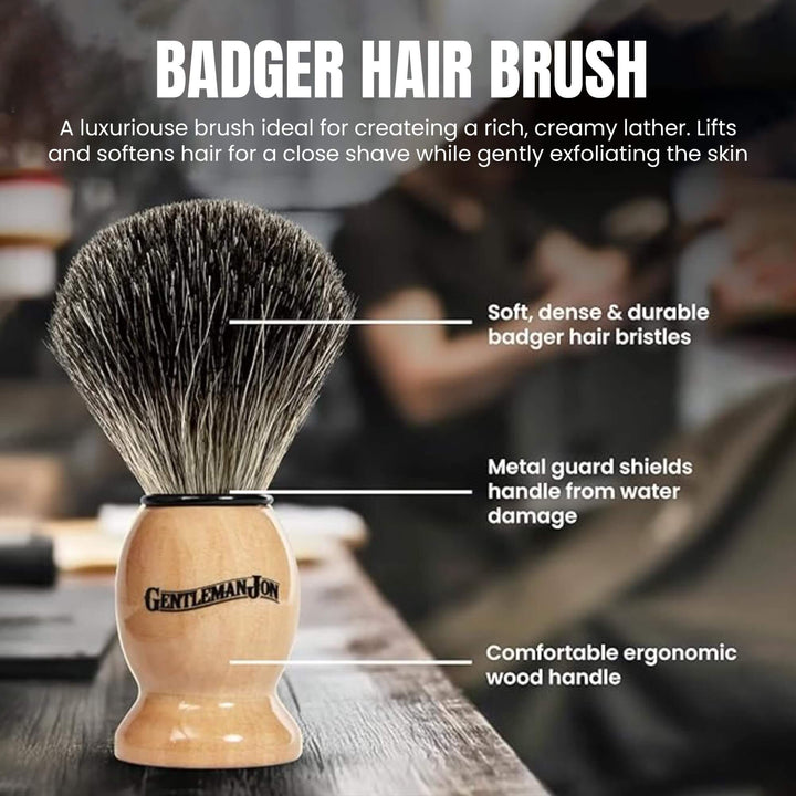 Badger hair brush with features highlighted on a wooden surface