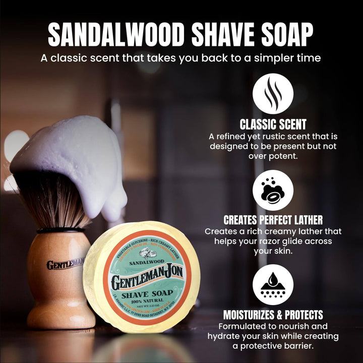 Gentleman Jon sandalwood shave soap with a brush on a dark background