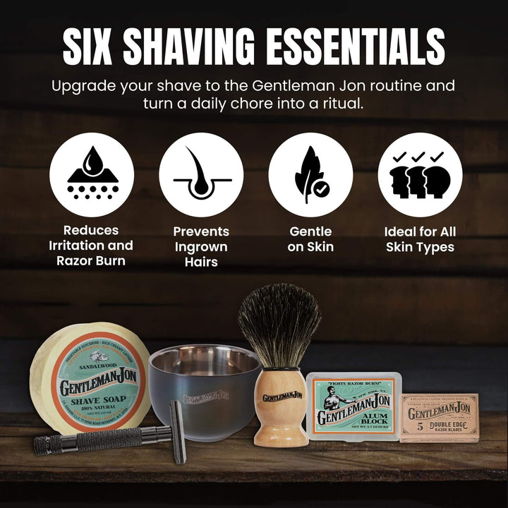 Gentleman Jon shaving essentials set on a wooden surface with a dark wood background.