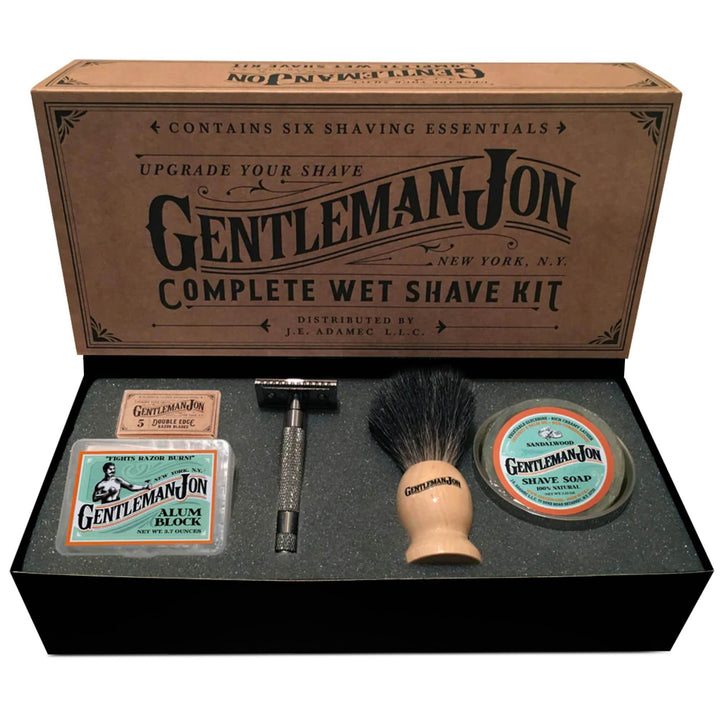 Gentleman Jon complete wet shave kit with various shaving essentials in a branded box.