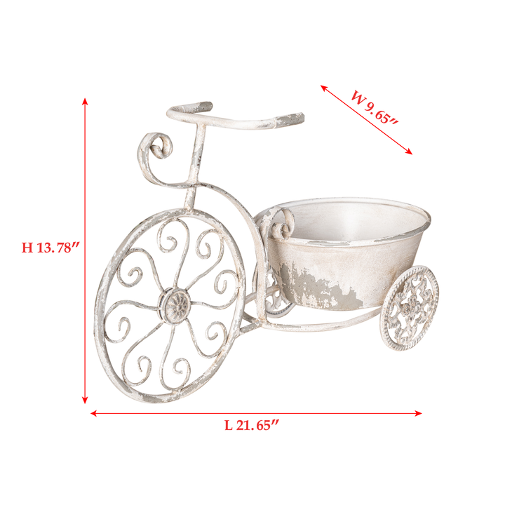 Decorative white metal tricycle planter with dimensions on a white background