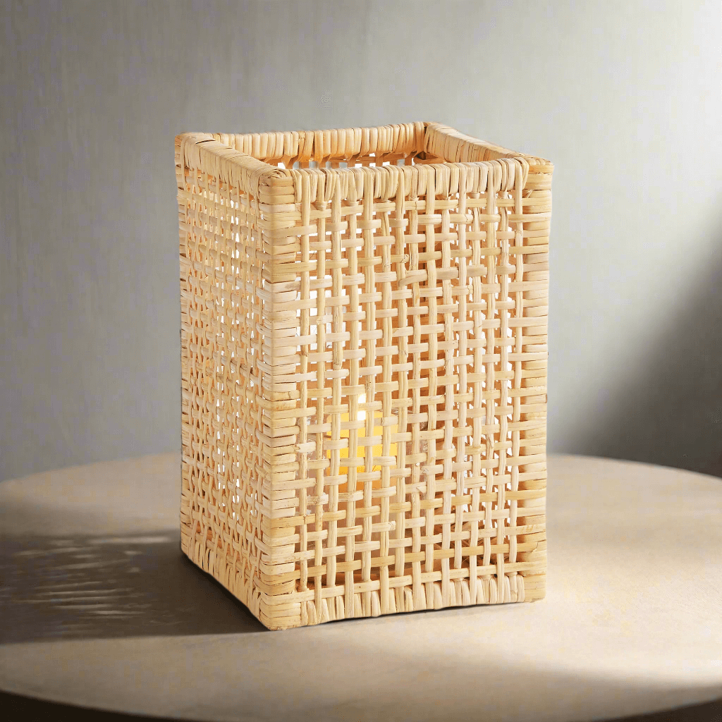 Vintage Woven Rattan Hurricane Candle Holder on round table