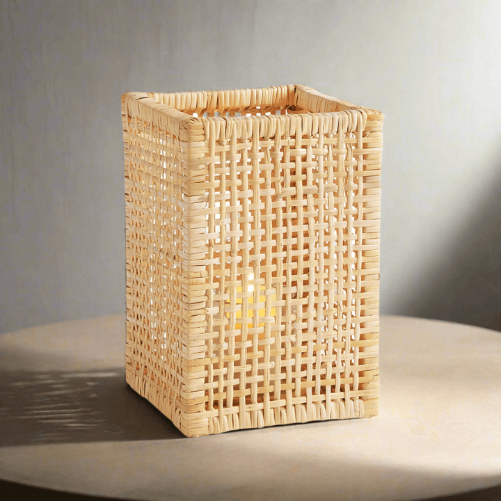 Vintage Woven Rattan Hurricane Candle Holder on round table