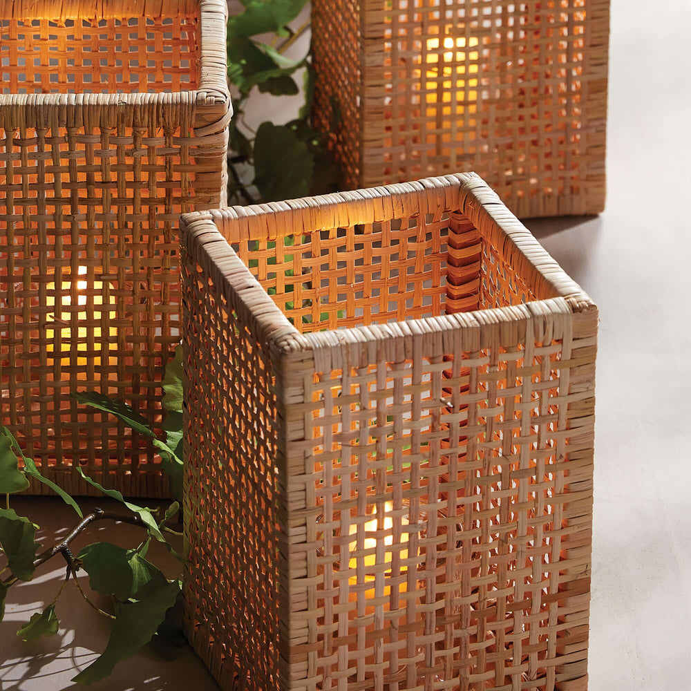 closeup of Vintage Woven Rattan Hurricane Candle Holder