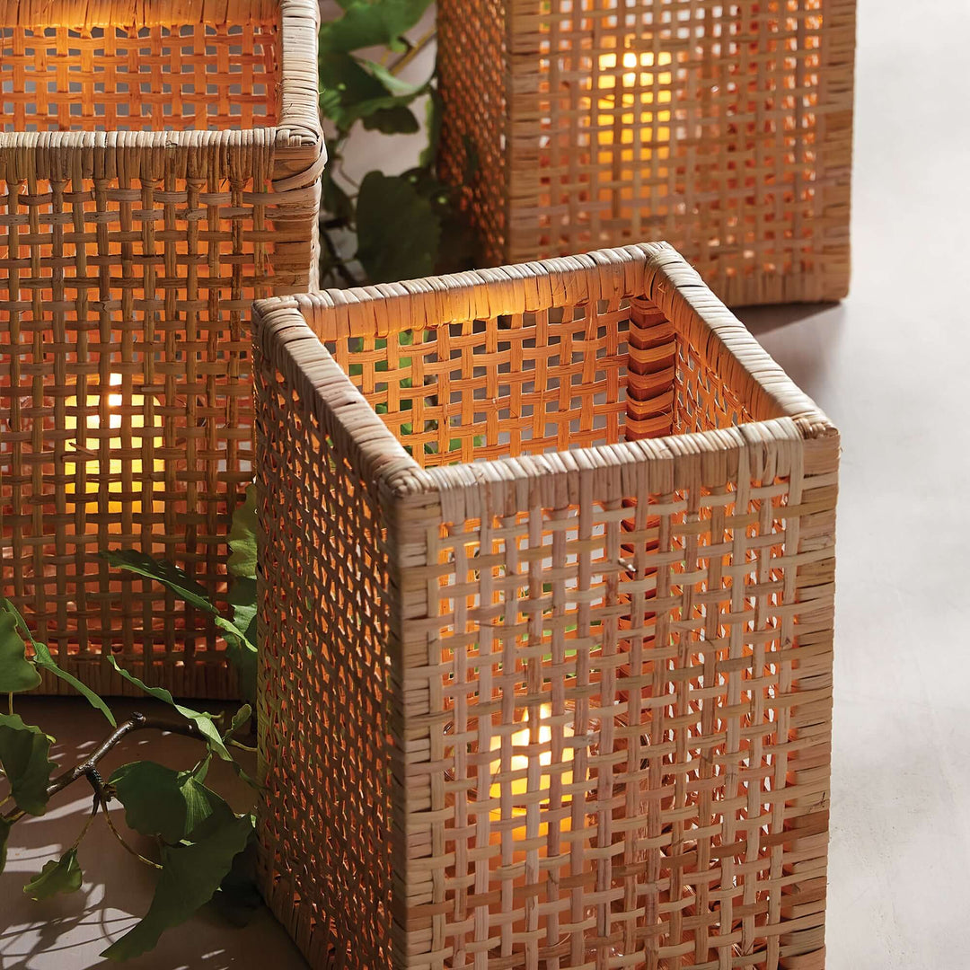 closeup of Vintage Woven Rattan Hurricane Candle Holder