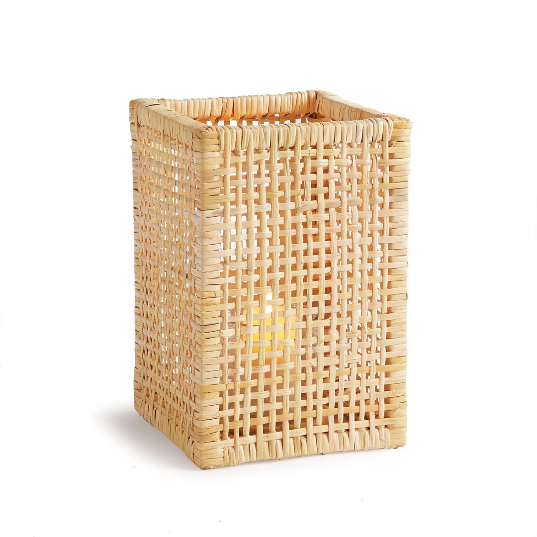 Vintage Woven Rattan Hurricane Candle Holder against white background