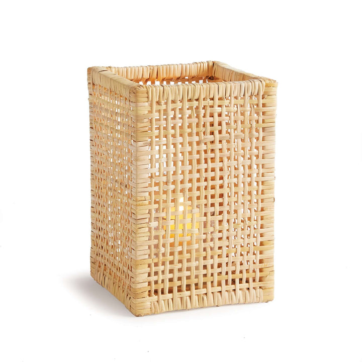 Vintage Woven Rattan Hurricane Candle Holder against white background