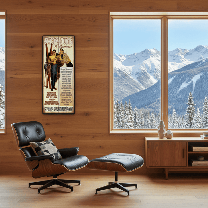 Mid-century interior with a black leather chair and ottoman in front of a large window with mountain view.