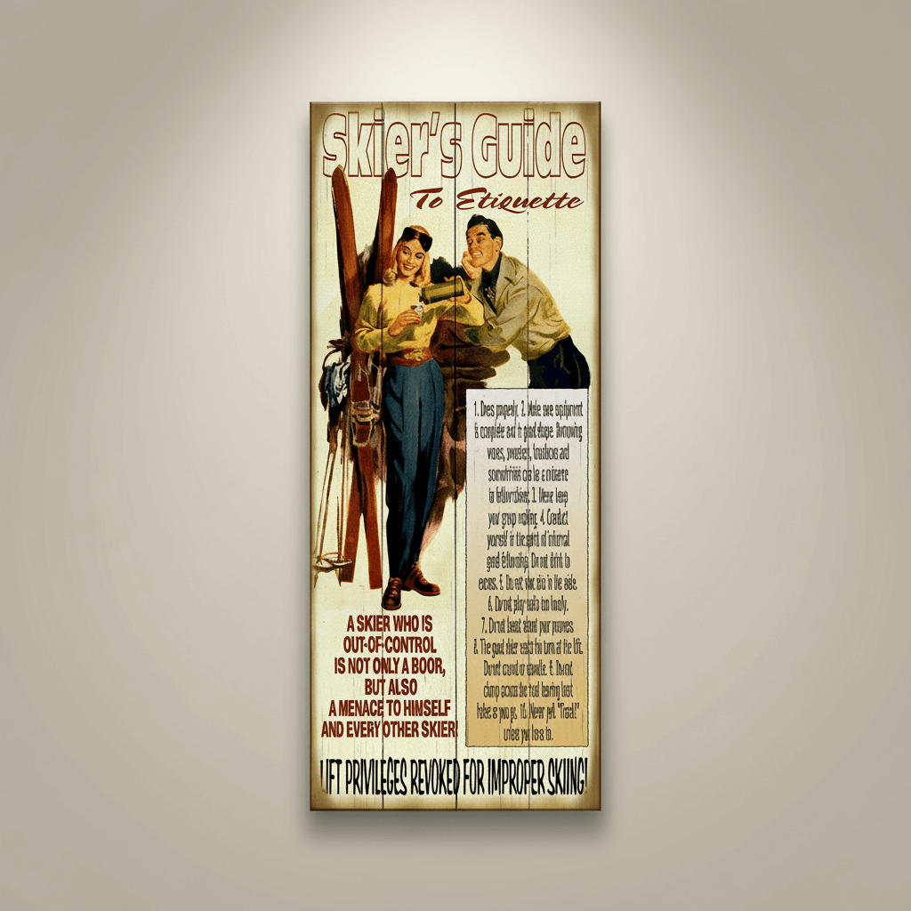 Decorative sign titled 'Skier's Guide To Etiquette' on a beige background