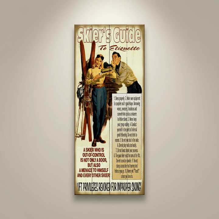 Decorative sign titled 'Skier's Guide To Etiquette' on a beige background