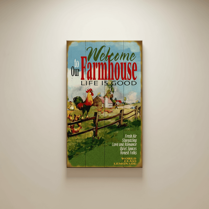 Vintage Farmhouse Welcome to Our Home Wall Sign with pastoral scene and rooster, nostalgic tribute to country hospitality and style.