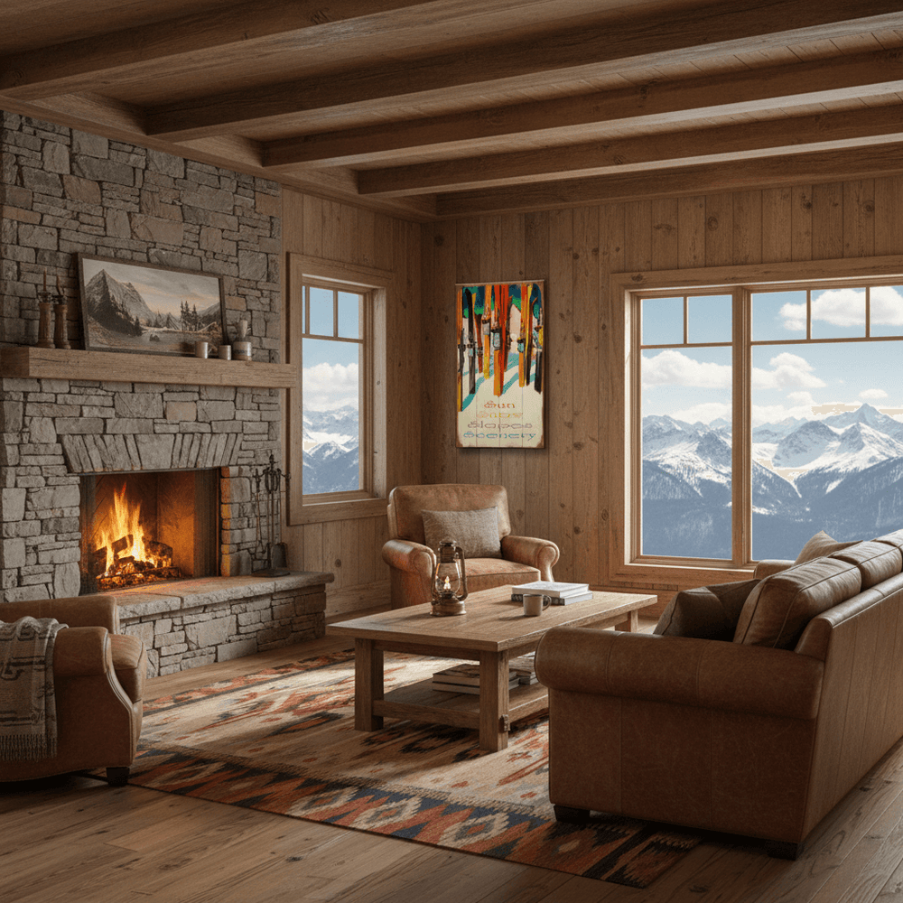 Cozy living room with stone fireplace, wooden furniture, and mountain view