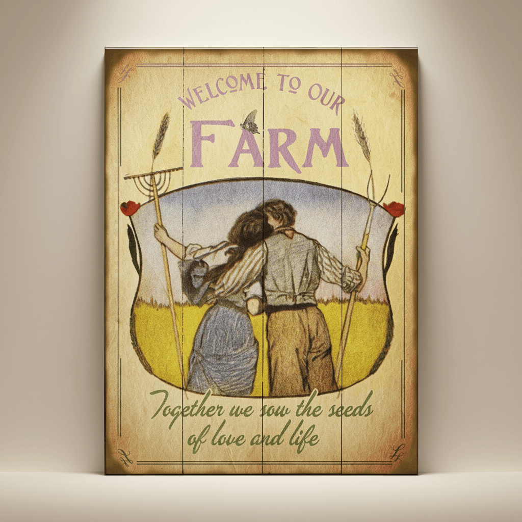 Decorative sign with a couple on a farm, featuring text 'Welcome to our Farm' and 'Together we sow the seeds of love and life'.
