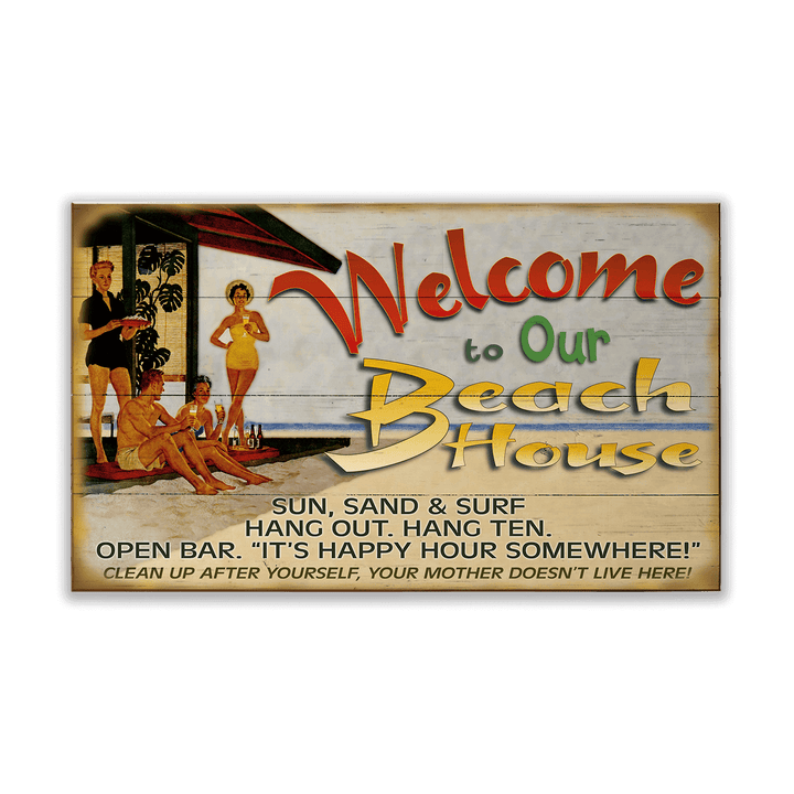 Vintage-style sign with beach-themed text and graphics on a wooden background