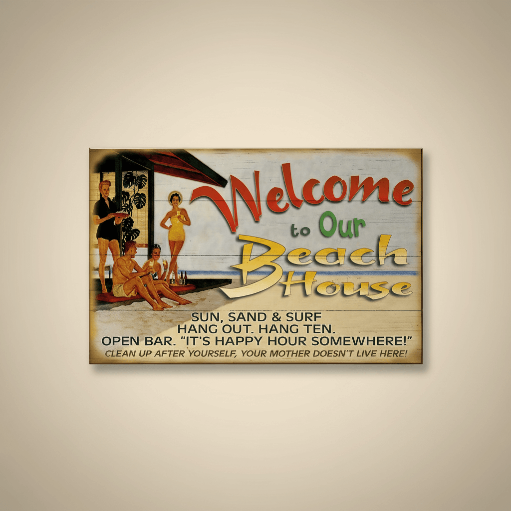 Decorative sign with beach-themed text and illustration on a beige background