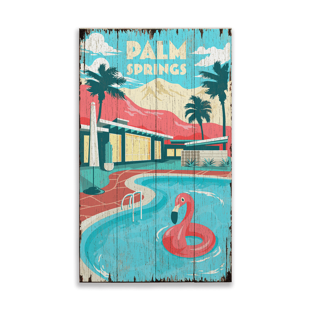 Vintage-style poster of a pool scene with palm trees and 'Palm Springs' text.