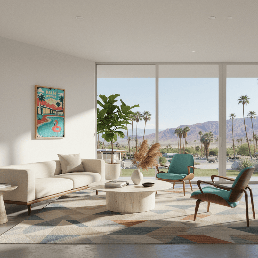 Modern living room with white sofa, coffee table, and chairs with a scenic view of palm trees and mountains.