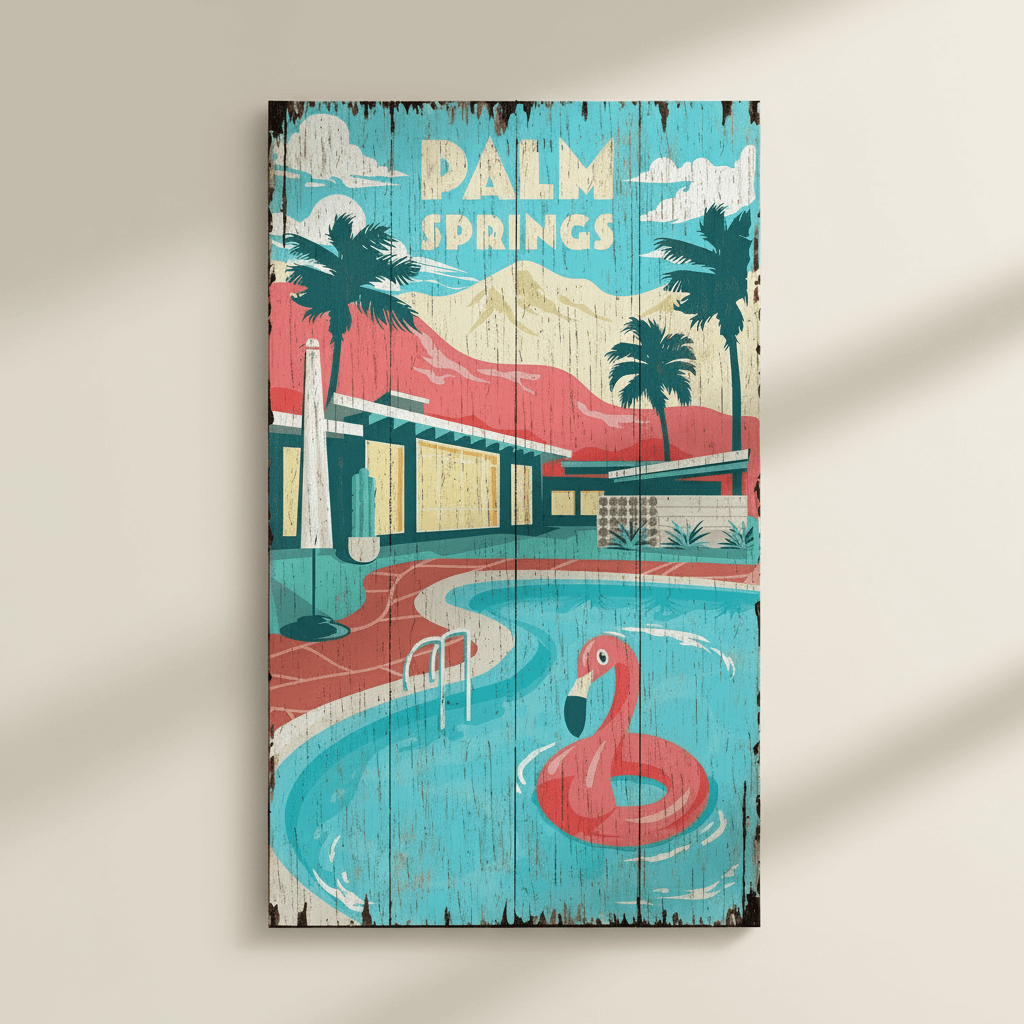 Vintage-style poster of Palm Springs with a pool, flamingo, and palm trees.