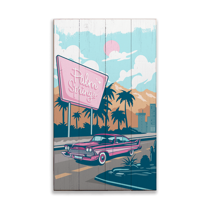 Illustration of a pink car and 'Palm Springs' sign with palm trees and mountains.