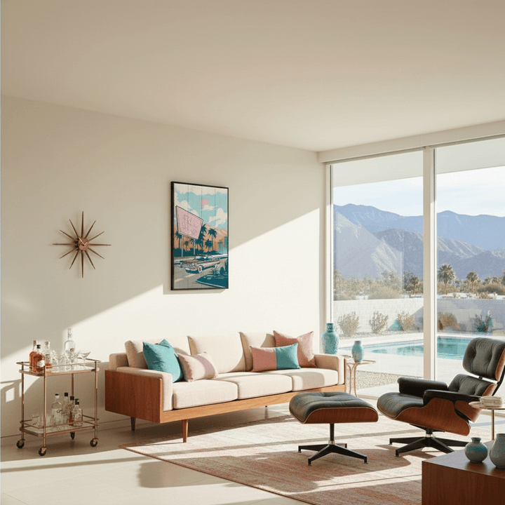 Modern living room with a view of Palm Springs mountains and a pool.