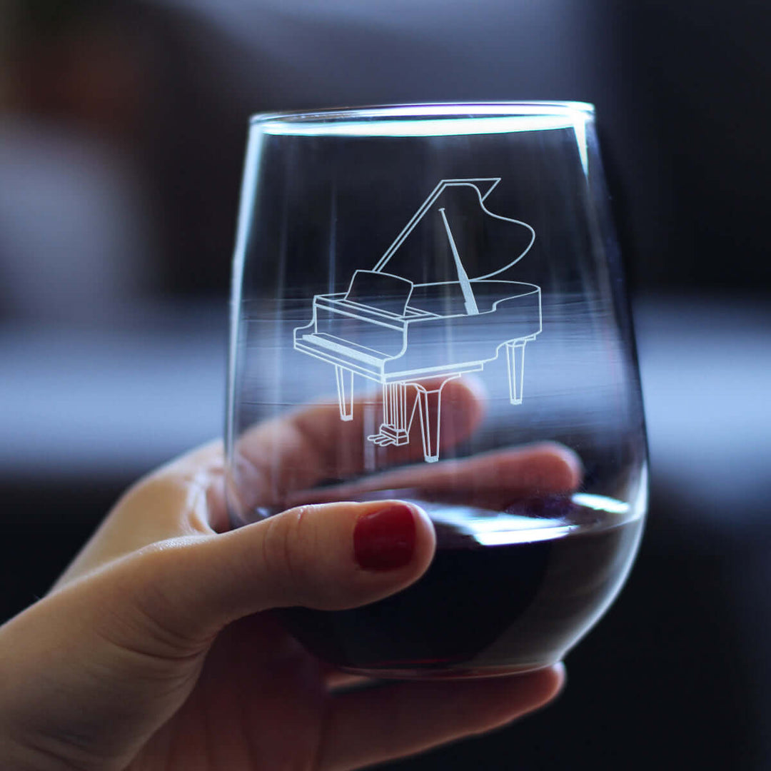 Grand Piano Stemless Wine Glass - Music Gifts for Piano Players, Teachers and Musical Accessories for Musicians that Play Keys - Large 17 Oz Glasses