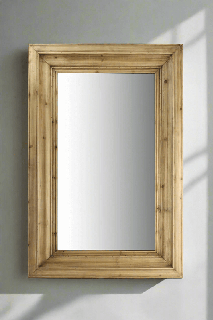 Wall mirror with molded pine frame, large rectangular design, perfect for vintage-inspired interiors.