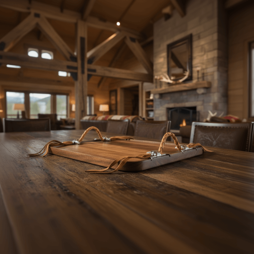 Wooden dining table with a decorative tray in a cozy, well-lit room with wooden walls and a fireplace.