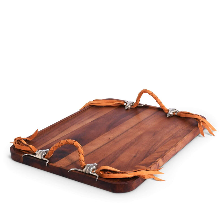 Wooden tray with leather straps on a white background