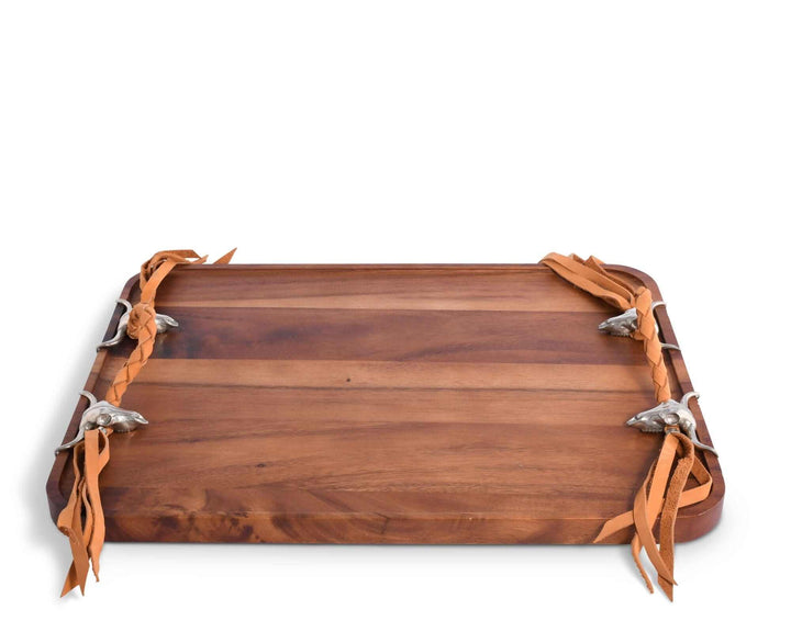 Wooden tray with leather straps on a white background