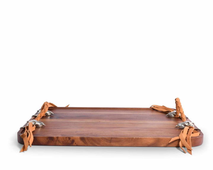 Wooden tray with leather straps on a white background