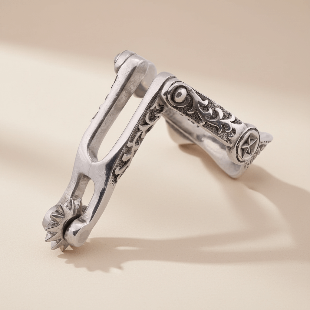 Silver spur napkin ring with intricate designs on a beige background