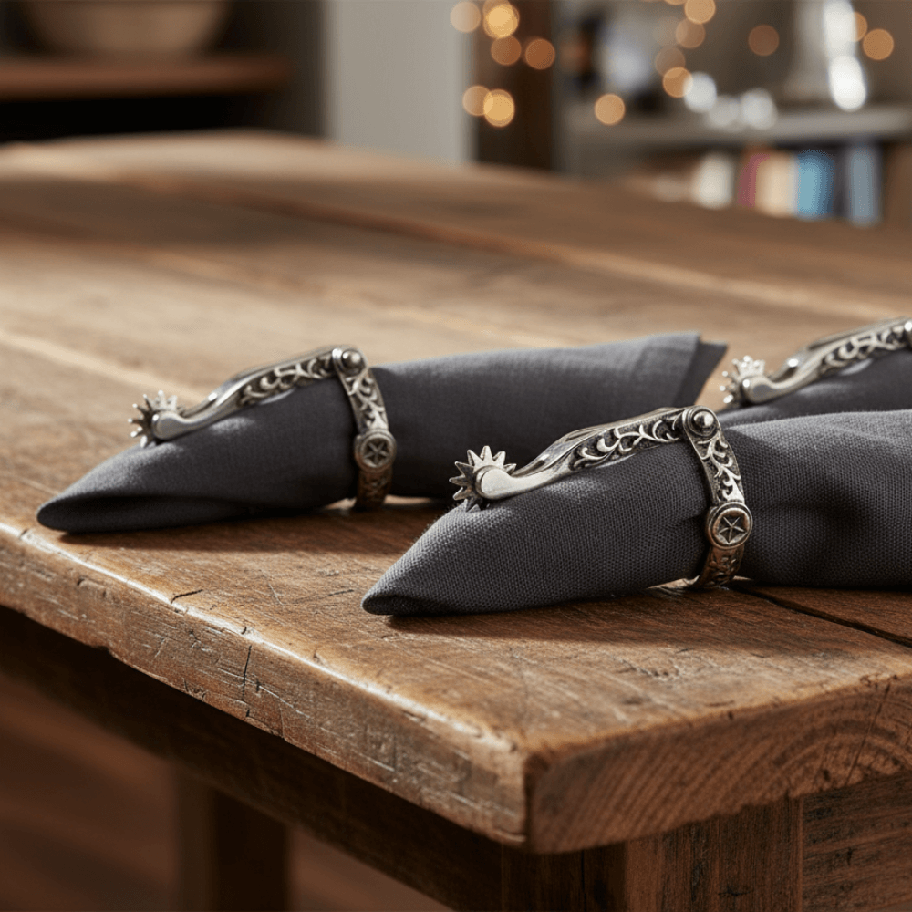 Decorative silver spur napkin rings on gray napkins on a wooden table with blurred background