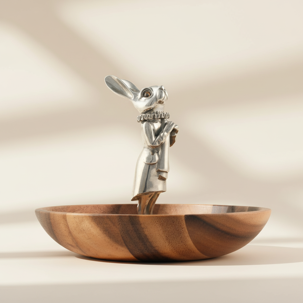 Wooden bowl with a silver rabbit figurine on a beige background