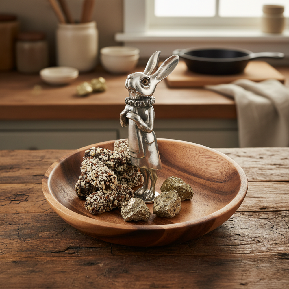 Decorative rabbit figurine with truffles on a wooden bowl in a kitchen setting