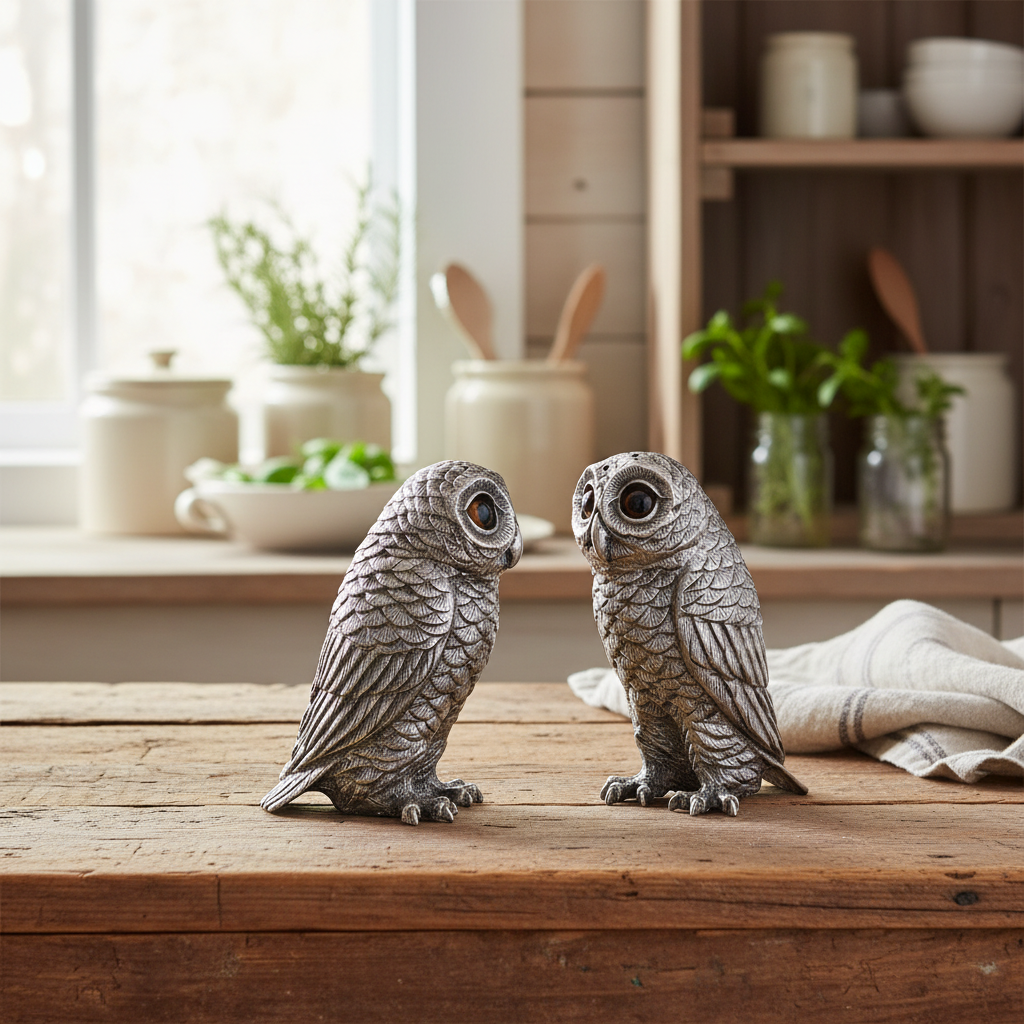 Two owl figurines on a wooden surface with a kitchen background
